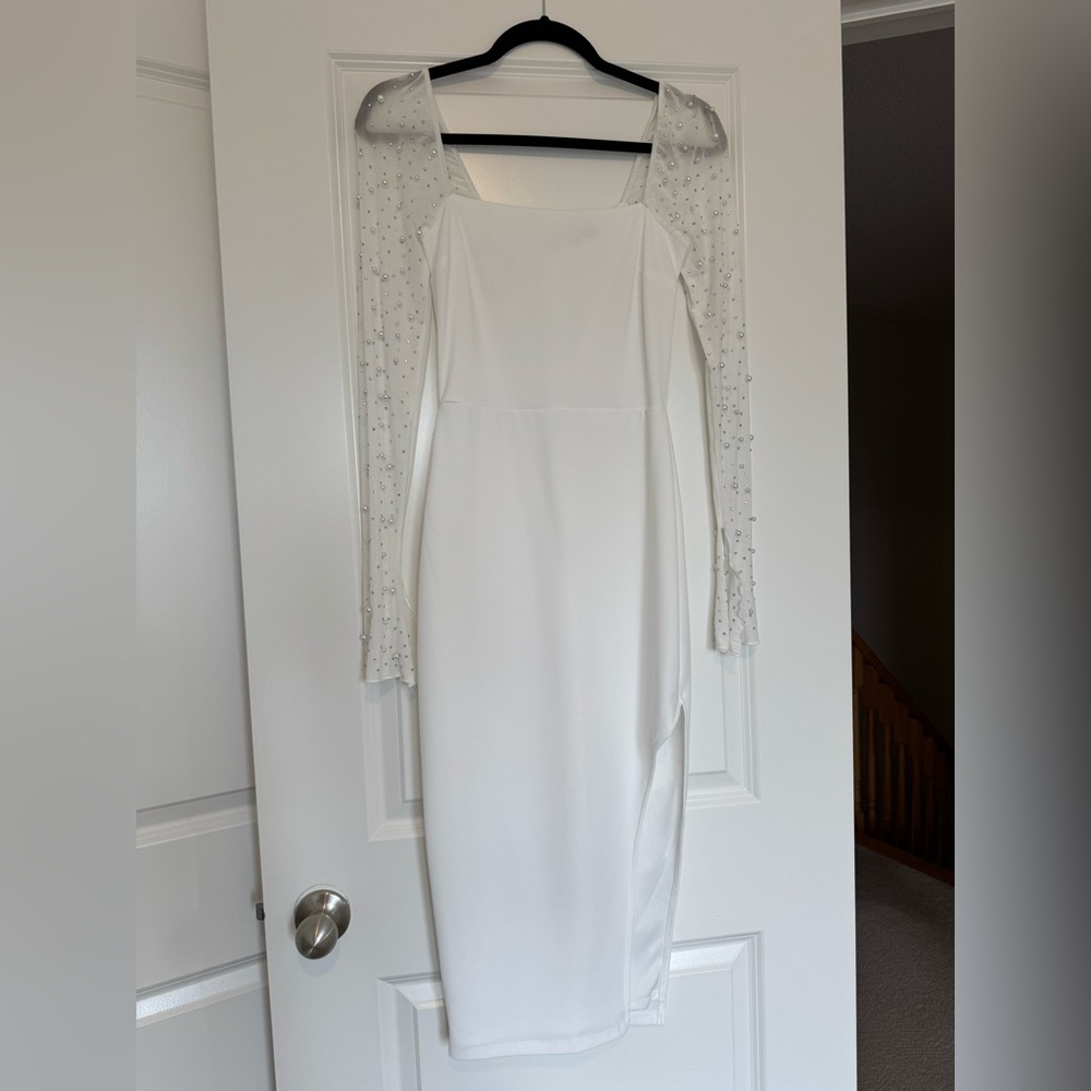 Windsor White Sheath Dress with Bateau Neckline and Long Sleeves